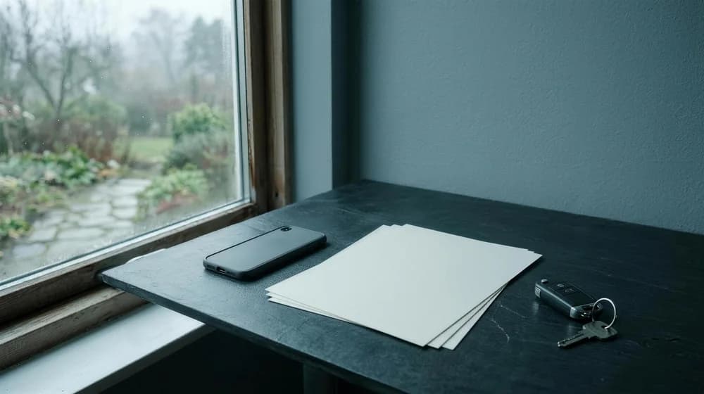 Smartphone, Papiere und ein Autoschlüssel auf einem dunklen Tisch am Fenster