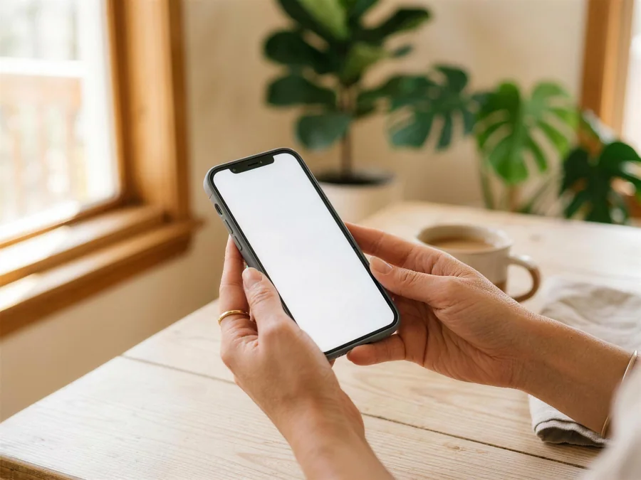 Zwei Hände halten ein Smartphone an einem hellen Tisch