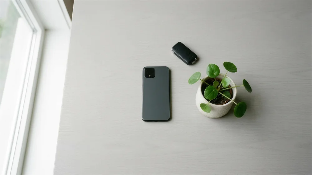 Smartphone, Autoschlüssel und eine kleine Zimmerpflanze auf einem hellen Tisch