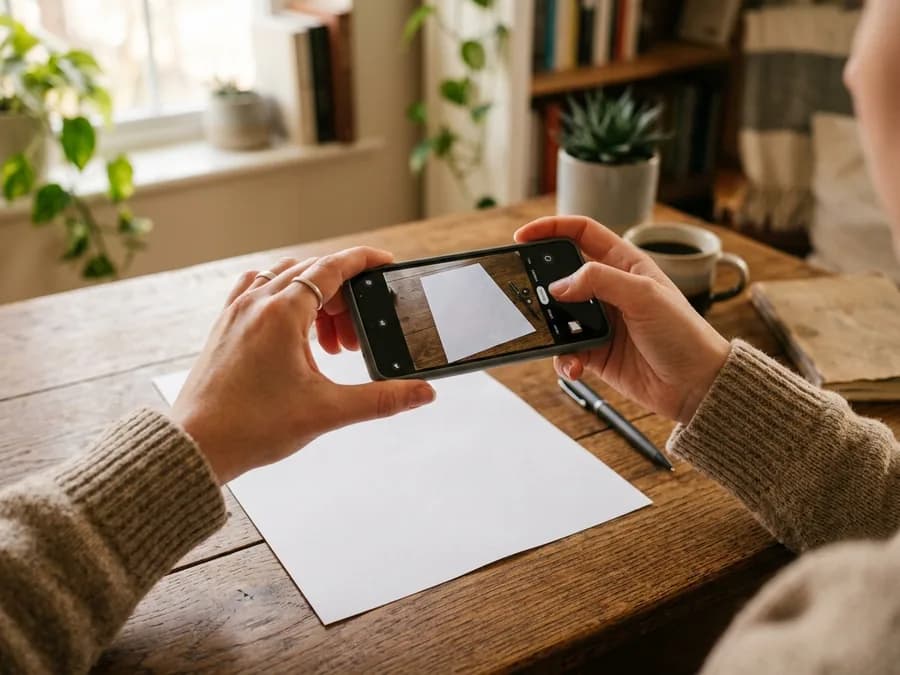 Eine Person fotografiert ein Blatt Papier mit dem Smartphone ab
