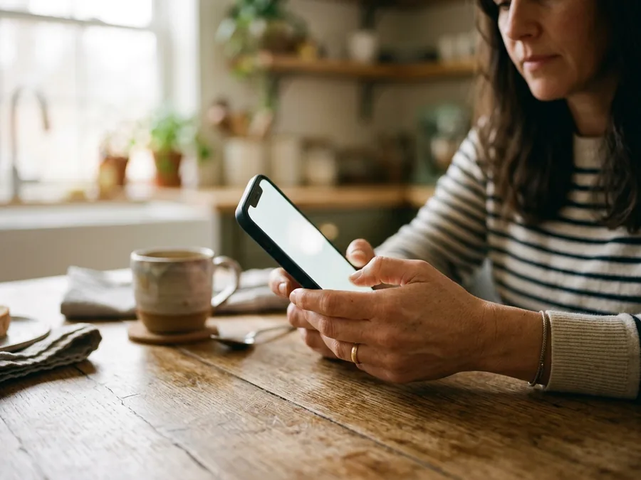 Eine Frau prüft an einem Küchentisch etwas auf ihrem Smartphone